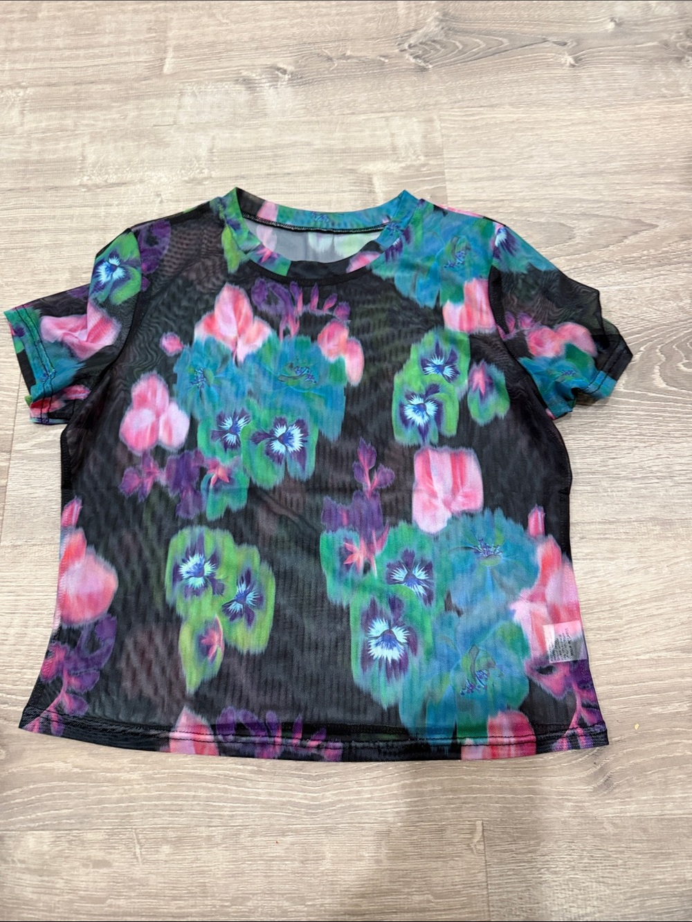 Floral Mesh Short Sleeve Top - Black Multicolor